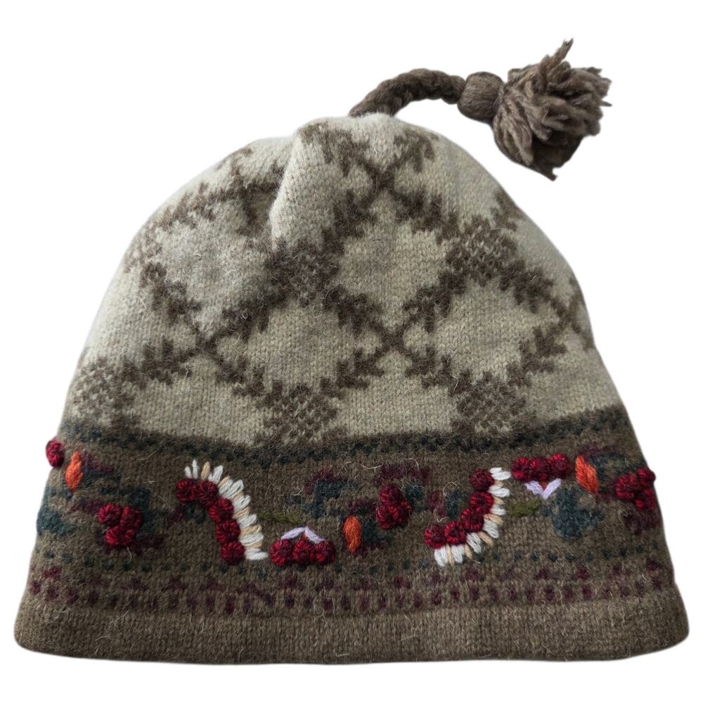 Woolrich Snowy Hill Wool Blend Knit Beanie Hat Nordic Tassel Womens OS